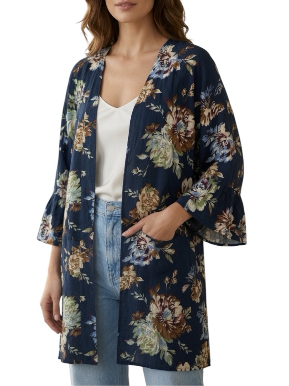 LOVELY MELODY: Navy Blue Floral Ruffle Duster / Cardigan- Size Small